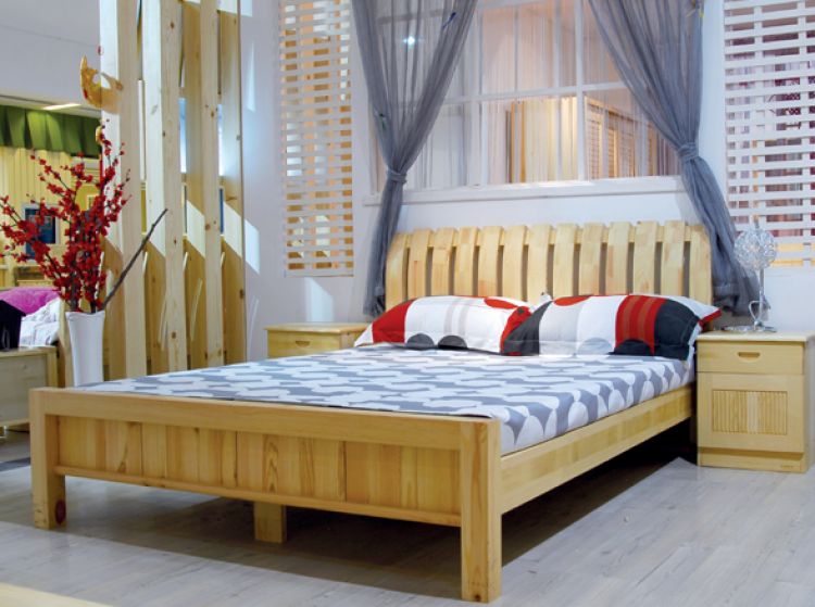 双人床,卧室松木现代简约双人床