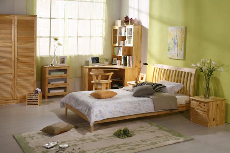 床,乡村风实木浅木色双人床