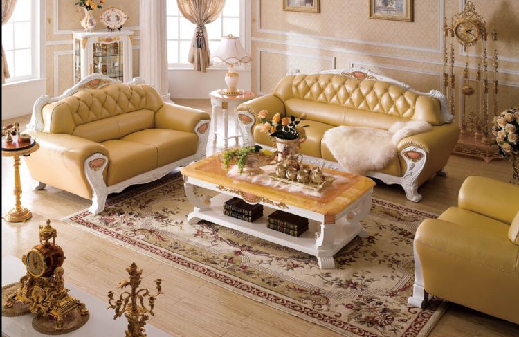 沙发,欧式风实木真皮米黄沙发
