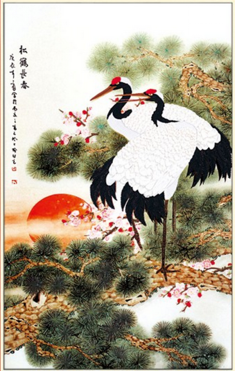 w-00006,青松苍翠,姿多挺拔;红日高照,一片祥云;松鹤姿立,福寿延年!