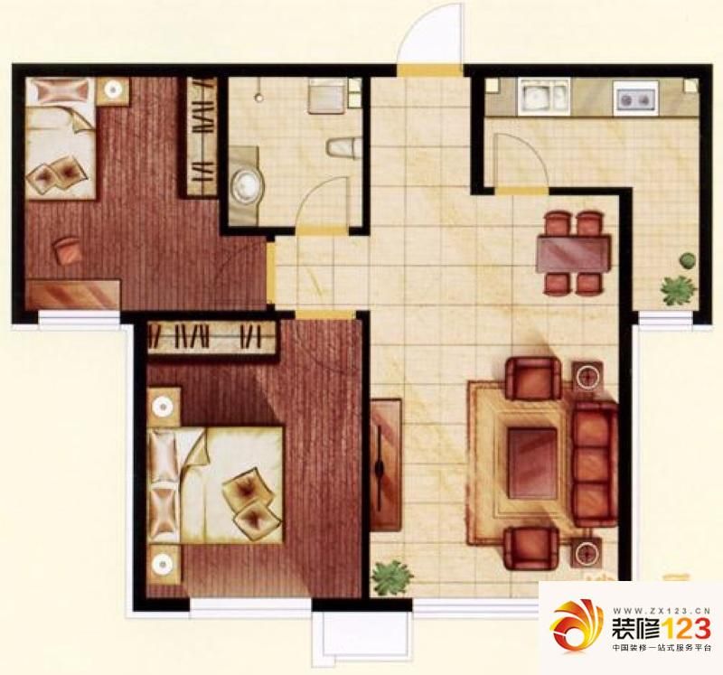 中海锦绣城户型图E-2户型 2室2厅1卫1厨