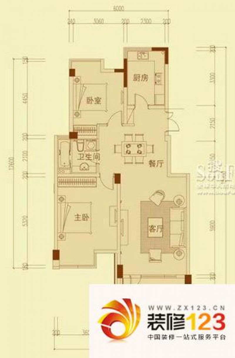 绿城丽江公寓户型图3-D户型 2室2厅1卫1厨