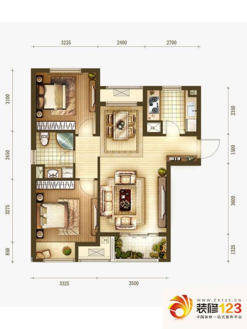 「大连天地」悦丽海湾户型图R4标准层88平-两室两厅户型图 2室2厅1卫1厨