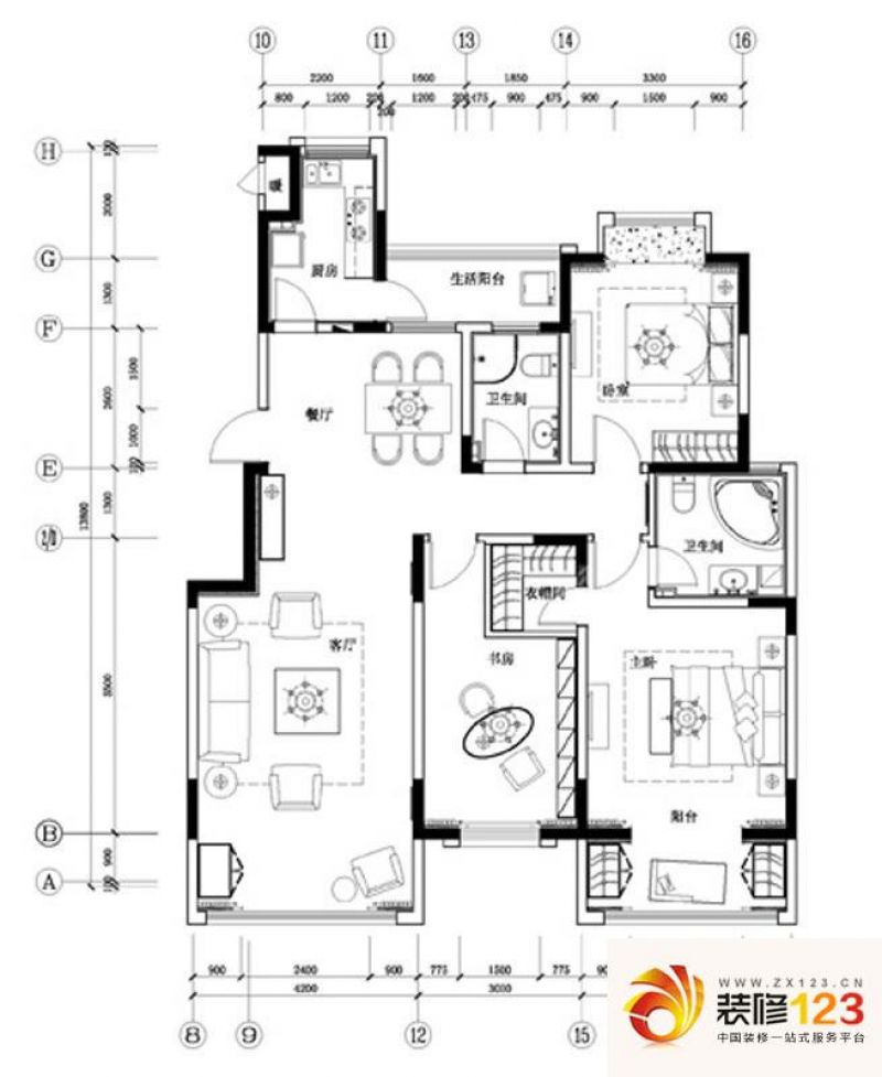 航天常青苑户型图3-B平面图标准层 3室2厅2卫1厨