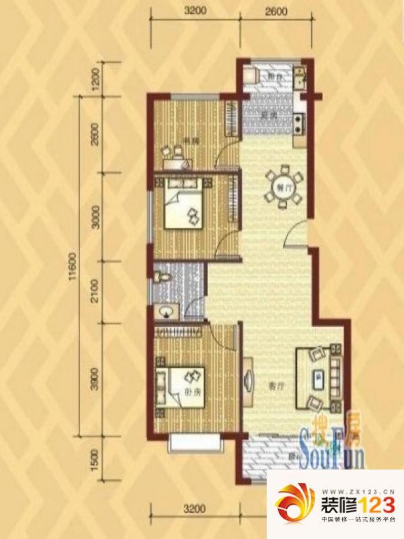 万泰阳光城户型图户型图 3室2厅1卫1厨