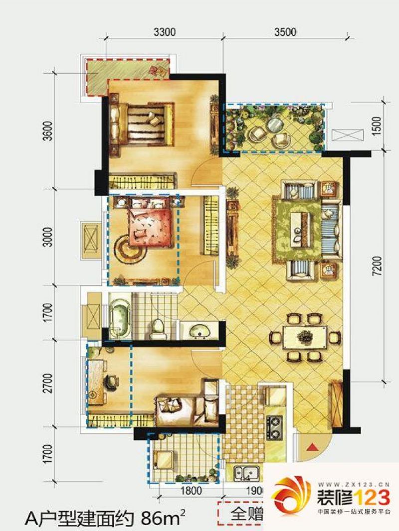 时光俊园户型图一期a户型 3室2厅1卫1厨