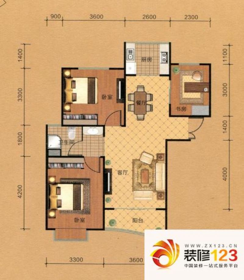 上海城户型图C4户型 3室2厅1卫1厨