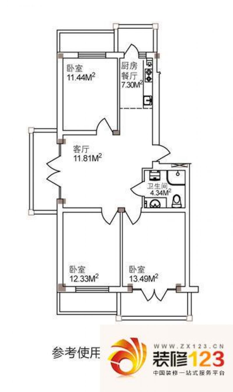 南郡二期丽郡户型图67.71米三室一厅一卫一厨 3室1厅1卫1厨