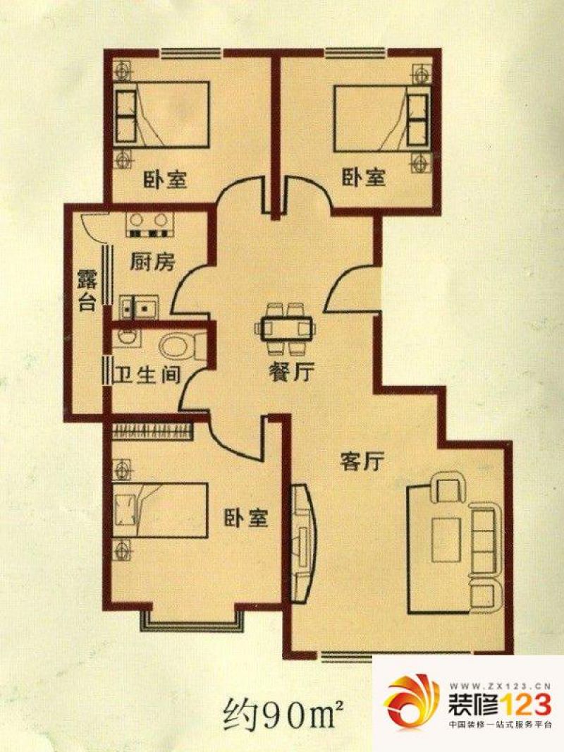 力鼎新城戶型圖90平米戶型圖 3室2廳1衛1廚