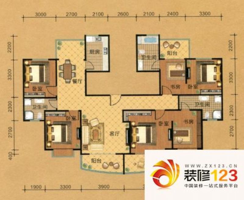 上海城户型图B1连通户型 4室2厅3卫1厨