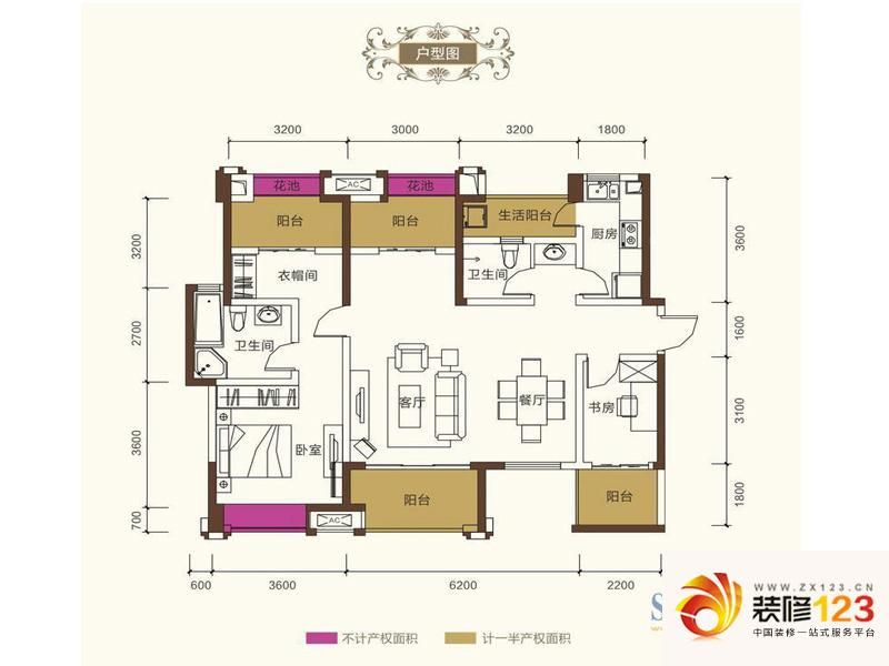 保利香槟光华户型图E4户型图 3室2厅2卫1厨