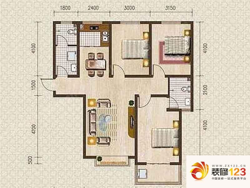 天洲沁园户型图3-C户型 3室3厅2 ...