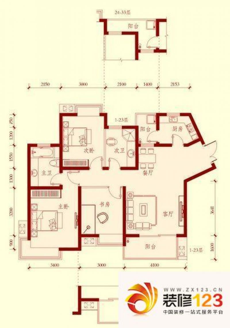 湘江世纪城瑞江苑户型图3室2厅.