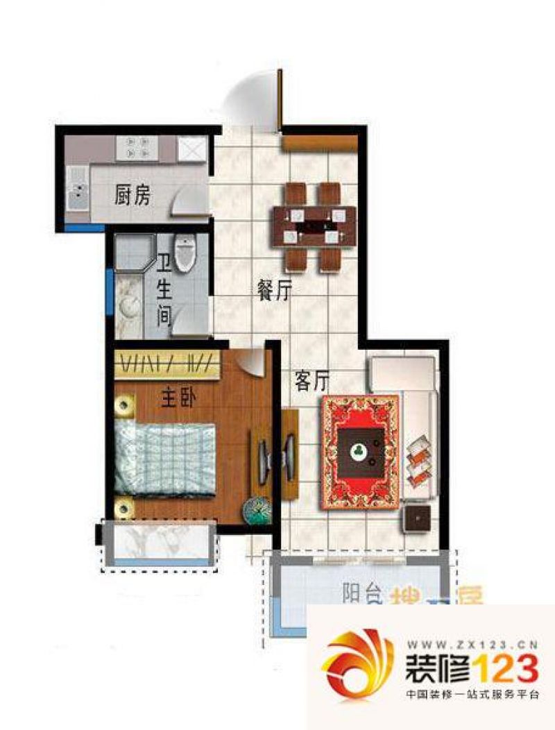 苹果公寓户型图一室两厅一卫一厨 .