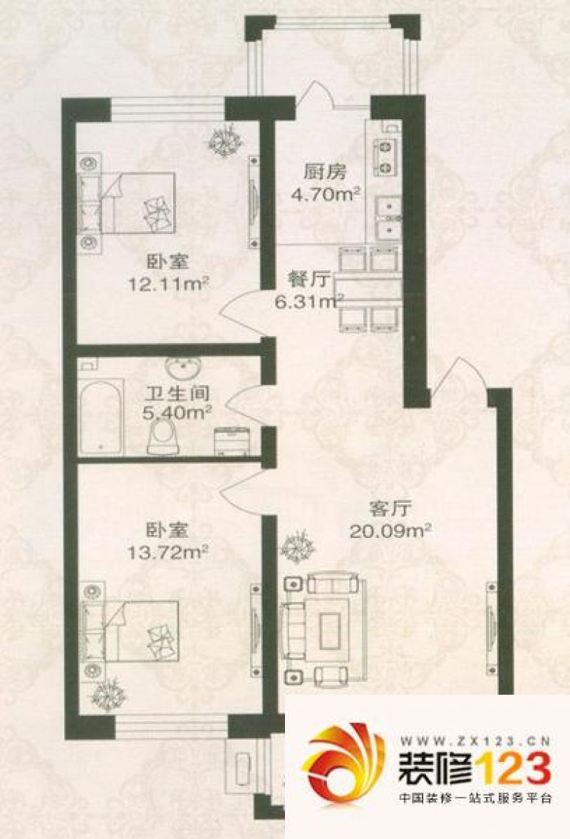 祥瑞府邸户型图户型c 2室2厅1卫1.