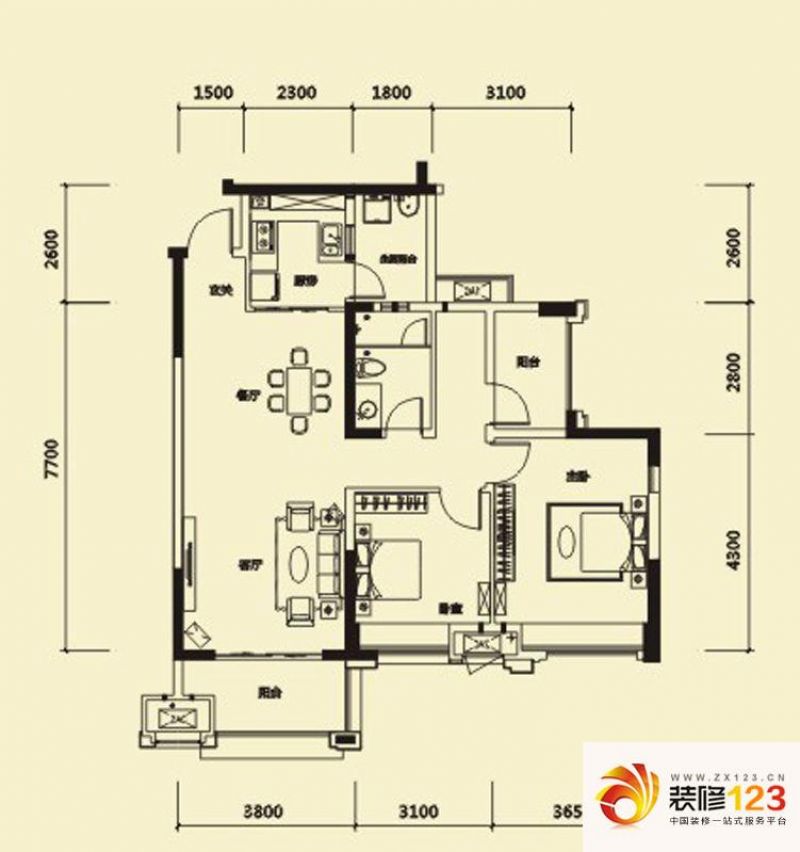 中海锦城户型图二期c户型 3室2厅.