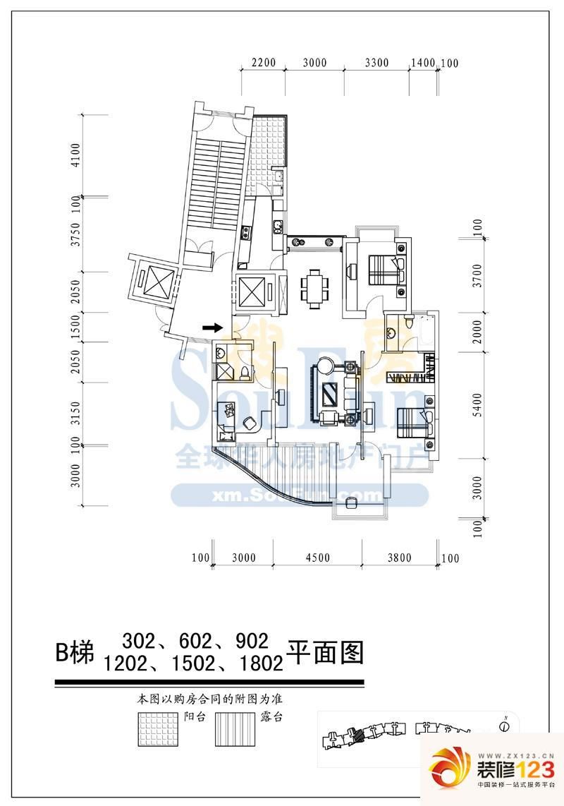山水芳邻户型图1楼b梯02单元 4室 .