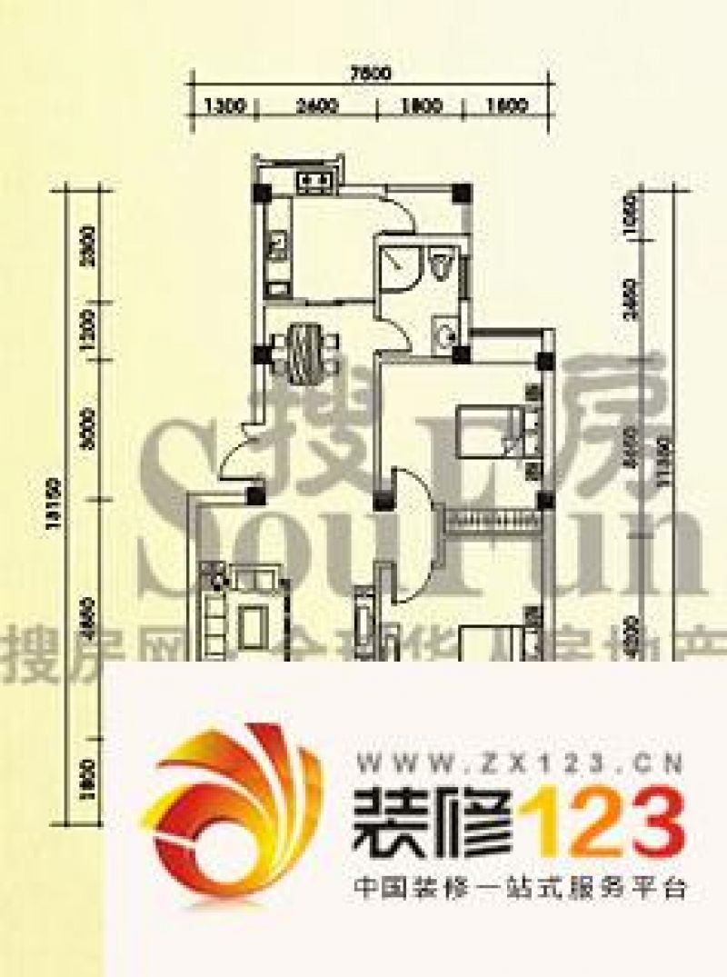 凤凰花园户型图a1 2室2厅1卫1厨.