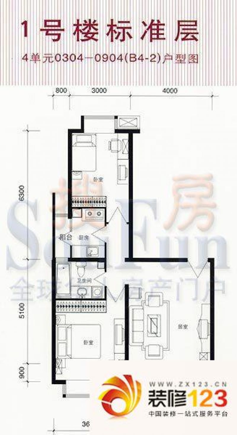 时代国际户型图1#4单元b4-2 2室1.