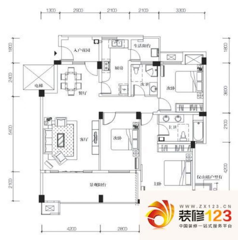 龙城1号户型图J型5楼 3室2厅2卫1 ...