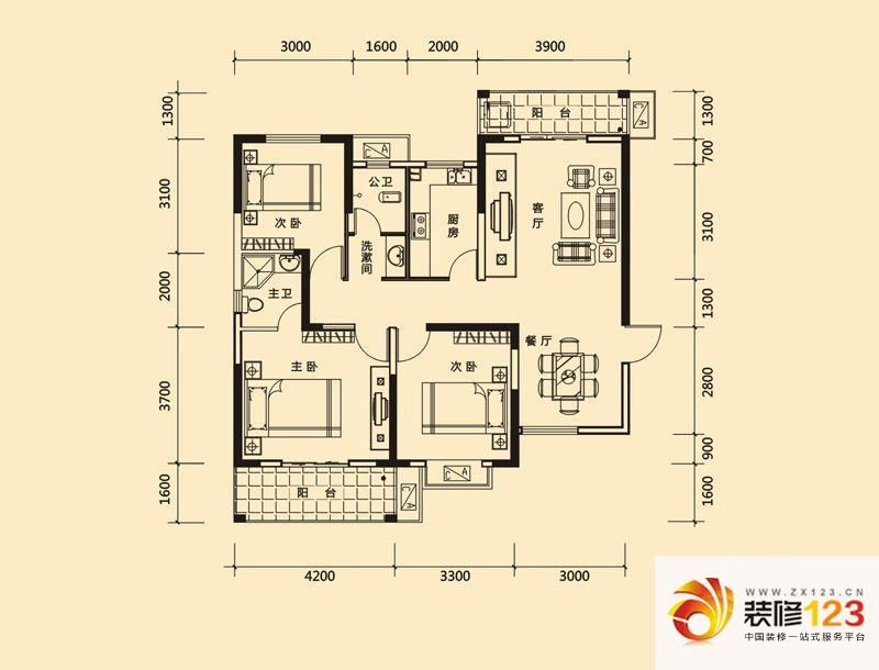 长城雅苑户型图一期a户型 3室2厅 