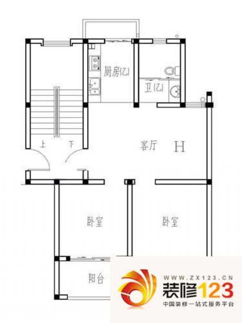聚贤新城户型图h户型 2室1厅1卫1 .