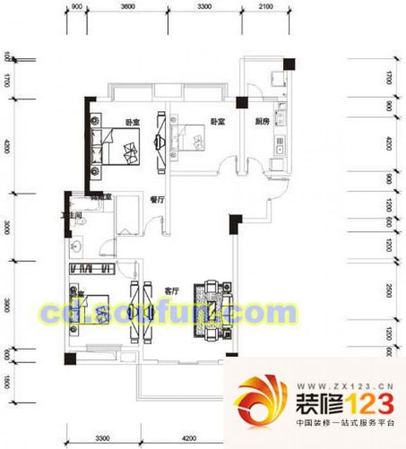 第一园户型图e1型 3室2厅1卫1厨.