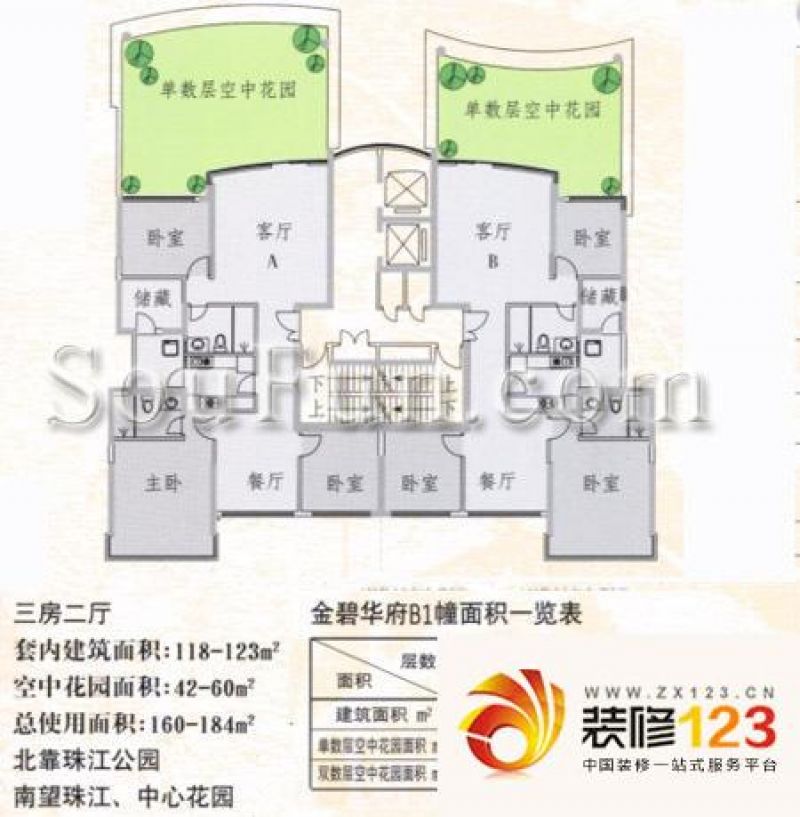 金碧华府户型图3室2厅1卫1厨 